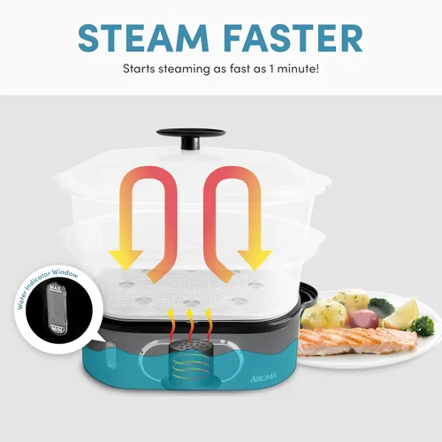 Vista 2 de AROMA® Cesta de vapor de alimentos doble y vaporizador eléctrico de arroz con nivel de agua de fácil lectura y temporizador