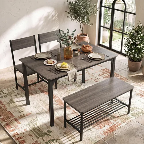 Vista 10 de COSTWAY Dining Table Set for 4, Space-Saving Dining Room Table with Bench and 2 Chairs, Storage Rack & Anti-Slip Foot Pads, Industrial Kitchen Table