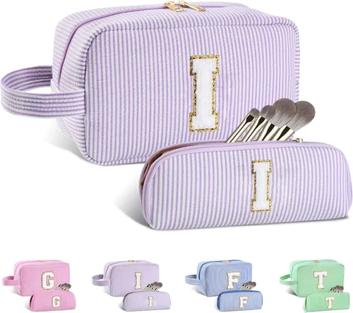 Vista 128 de Bolsa de maquillaje personalizada con inicial A-Z para mujeres, niñas y niños, bolsa de aseo de viaje, bolsa de maquillaje preparada, bolsa