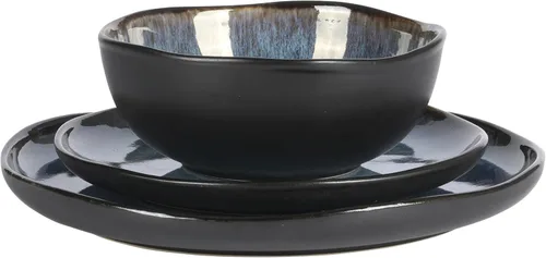 Vista 7 de Gibson Elite Nardini 12 Piezas (Servicio para 4) Platos y Cuencos de Esmalte Reactivo Vajilla de Cerámica de Piedra - Negro y Azul
