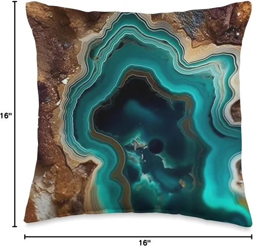 Vista 4 de Aesthetic Agate Minerals Geode Gifts Cojín abstracto de geoda marrón ágata turquesa, 16 x 16, multicolor