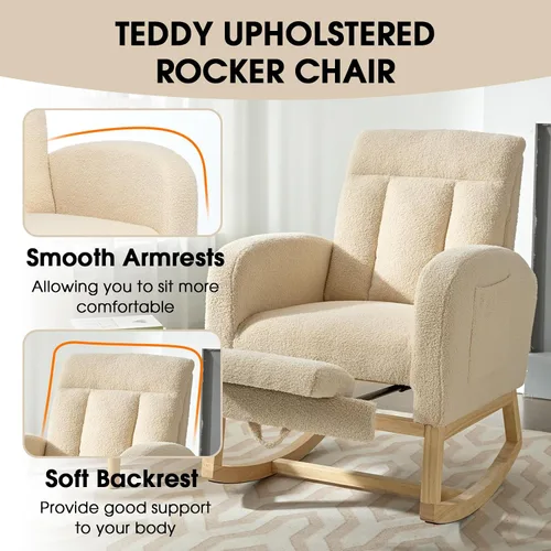 Vista 6 de NIOIIKIT Mecedora Moderna para Guardería, Mecedora Tapizada Teddy con Reposapiés, Cómoda Mecedora Deslizante con Bolsillo Lateral para Sala