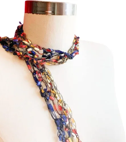 Vista 2 de Handmade Skinny Scarf, Primary Colors, Necklace Scarf Lightweight Scarf, Fashion Scarf, Handmade in the USA, Fiber Jewelry Single Loop Fashion
