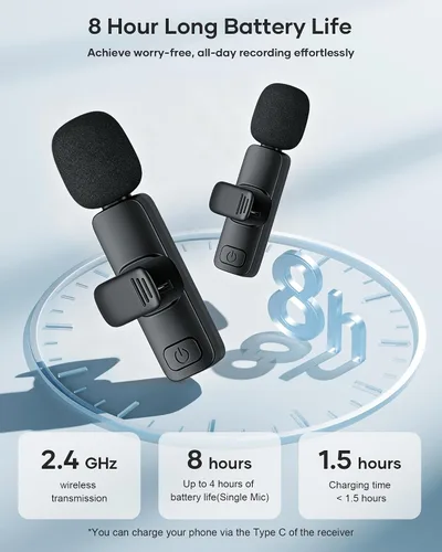 Vista 5 de Paquete de 2 micrófonos de solapa inalámbricos para iPhone, iPad y teléfono Android, micrófono de solapa Plug and Play, micrófono inalámbrico
