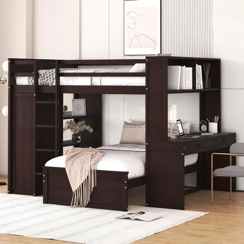 Vista 16 de Cama loft multifuncional de tamaño matrimonial con escritorio integrado, 6 cajones de almacenamiento y estante, marco de cama de madera con escalera