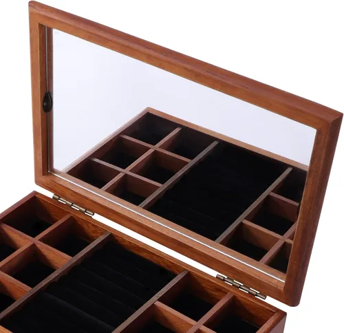 Vista 5 de CNCEST Joyero de madera para mujer con espejo estuche organizador de joyas rectangular de 4 capas para almacenamiento de collares anillos aretes