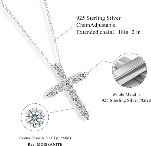 Vista 3 de Collar con colgante de cruz para esposa, madre, novia, novio, compuesto por 11 moissanitas de 0,1 quilates, plata de ley 925 chapada en oro blanco