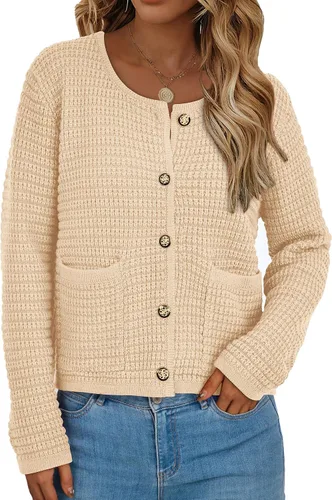 Vista 3 de PRETTYGARDEN Suéteres tipo cárdigan con frente abierto para mujer, con botones, manga larga, casual, lindas, de punto, con bolsillos