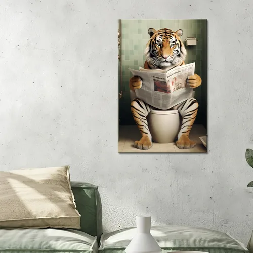 Vista 31 de GLOKAKA Lienzo decorativo para baño, diseño divertido de alpaca sentado en el inodoro, leyendo periódico, arte de pared, humor, granja, animal, arte