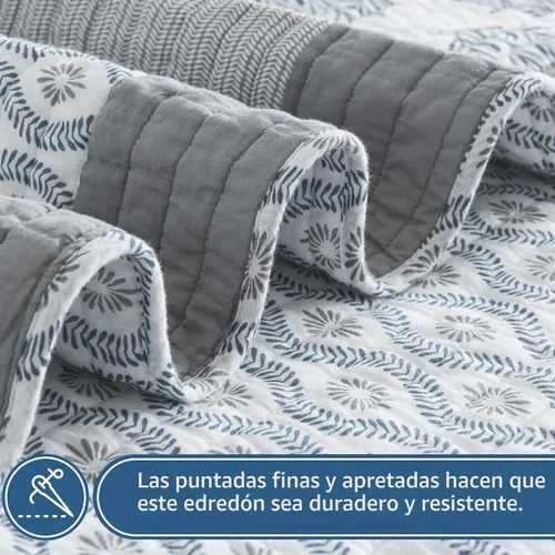 Vista 5 de KALOOLA - Juego de ropa de cama con colcha acolchada de retazos tamaño queen, 100% algodón, colcha ligera con 2 fundas de almohada, colcha Azul