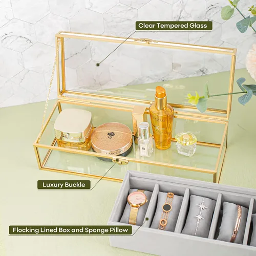 Vista 5 de Glass Watch Case for Women, 6 Slots Bracelets Boxes and Watches Display Cases for Women, Glass Watch Box Organizer for Jewelry Collection