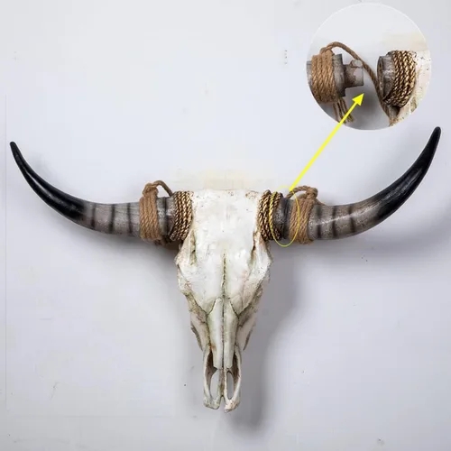 Vista 3 de QQXX Escultura de pared de cráneo de vaca de cuerno largo, cráneo de vaca sintético, para colgar en la pared, escultura de pared hecha a mano