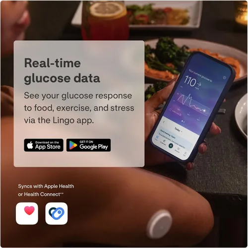 Vista 6 de Lingo Monitor Continuo de Glucosa (CGM) y Aplicación. Fabricado por Abbott. Conozca el impacto de lo que come. 1 biosensor Lingo dura hasta 14