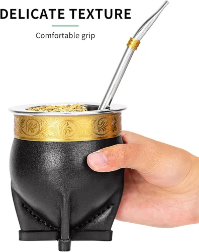 Vista 4 de Taza de Yerba Mate de Acero Inoxidable 304 Argentina con Pajita, Taza de Té de Calabaza, Una Bombilla Mate (Pajita) y Cepillo de Limpieza (Negro)