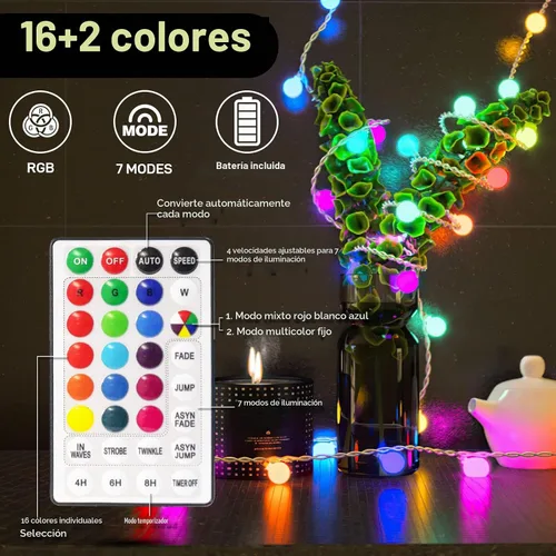 Vista 2 de Luces de Cadena LED Eoako con Enchufe USB, 19 Luces Cambiantes de Color con Control Remoto, 21.3 Pies 50 LED, Bolas de Hadas Multicolor