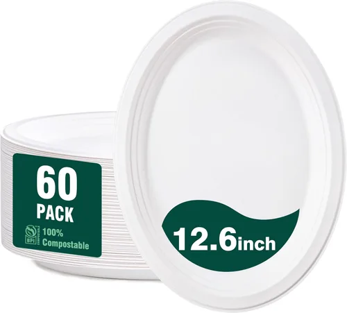 Vista 13 de DaYammi Platos de Papel 100% Compostables de 7 Pulgadas, Paquete de 60 Platos de Papel Resistente, Bagazo Biodegradable, Platos de Postre