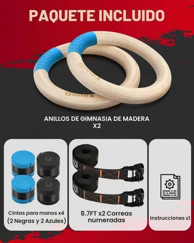 Vista 5 de Gonex Wooden Gymnastic Rings with Adjustable Straps Olympic Pull Up Rings