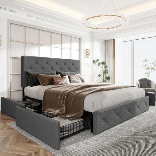 Vista 12 de HOOMIC Base de cama de almacenamiento de plataforma de tamaño matrimonial con 4 cajones y cabecera ajustable, listones de madera, no necesita Blanco