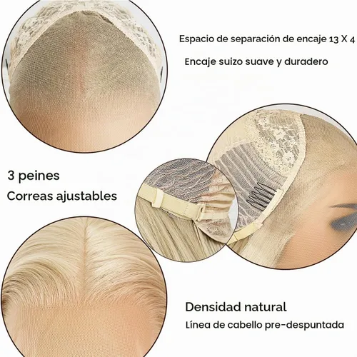 Vista 6 de Peluca de pelo largo y liso rubio con parte libre, sintética, con encaje frontal, sin pegamento, color rubio ceniza, con encaje frontal