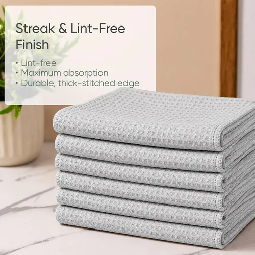 Vista 4 de Toallas de cocina de microfibra con tejido gofre, absorbentes, sin pelusas, gruesas, reutilizables, comerciales, suaves, para manos, té, vidrio Gris