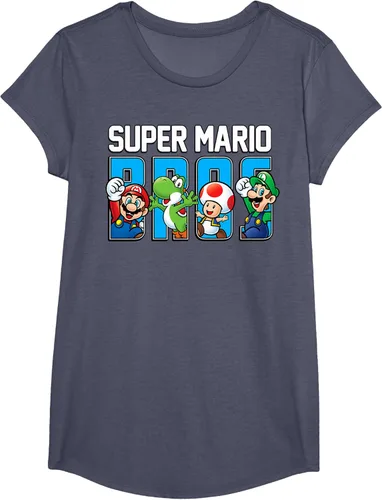 Vista 19 de Super Mario Bros Characters Letter Fill Graphic T-Shirt Camiseta, Negro