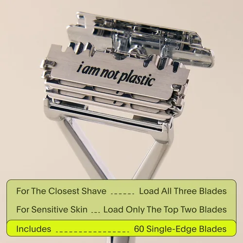 Vista 16 de Leaf Shave Juego de navajas Leaf, navaja de seguridad totalmente metálica con cabezal pivotante y carga ajustable de cuchillas, incluye soporte a