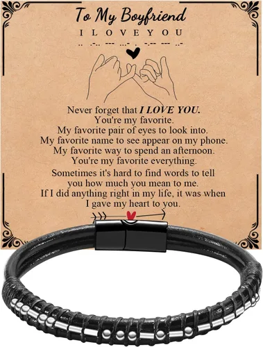 Vista 11 de Pulseras para hombre con código morse para hombre, pulsera de cuero con texto en inglés «I Love You», regalo de joyería para hombre y hombre