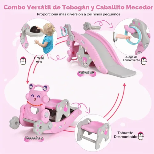 Vista 5 de GLACER Juguete mecedor 6 en 1 para niños pequeños, tobogán para niños con Pingüino rosa