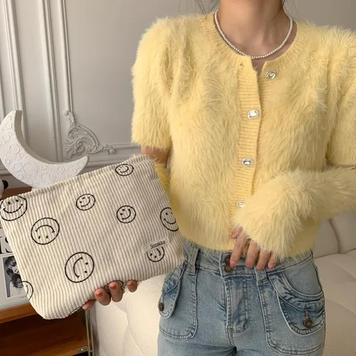 Vista 3 de Bolsas de cosméticos para mujer, bolsa de cosméticos de pana, bolsos estéticos para mujer, bolsos de mano con puntos sonrientes, organizador