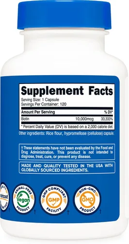 Vista 5 de Nutricost Biotina (Vitamina B7) 10,000 mcg (10 mg), 120 cápsulas - Vegano, Sin gluten, Sin OMG