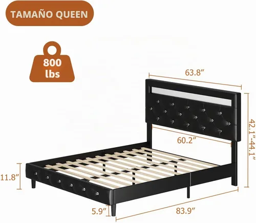 Vista 2 de Base de cama tapizada moderna tamaño Queen con luces LED, marco de cama de plataforma de piel sintética de perfil bajo, cabecero ajustable
