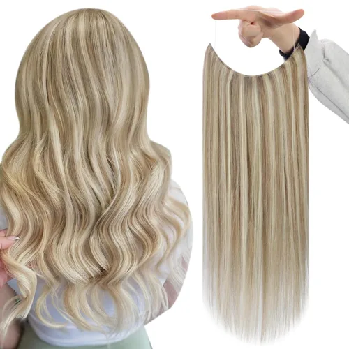 Vista 26 de Fshine - Extensiones de cabello con hilo invisible de 12 pulgadas, color rubio ceniza con reflejos de rubio decolorado, pieza de cabello humano real