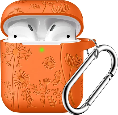 Vista 10 de Lerobo - Funda con grabado de flores para carcasa de AirPod, protector de silicona suave y elegante con llavero compatible con carcasa de carga