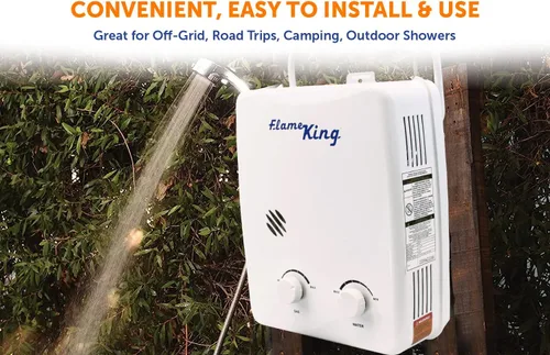 Vista 7 de Flame King YSNAZ132 - Calentador de agua portátil sin tanque de gas propano 5L 1.32GPM a 34,000 BTU, ducha instantánea de agua caliente al aire