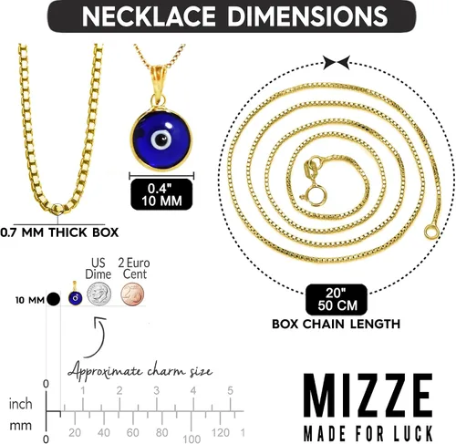 Vista 3 de Collar de cadena de oro de 14 quilates de 20 pulgadas de largo con dije de protección contra el mal de ojo de vidrio azul de 0.394in para mujer