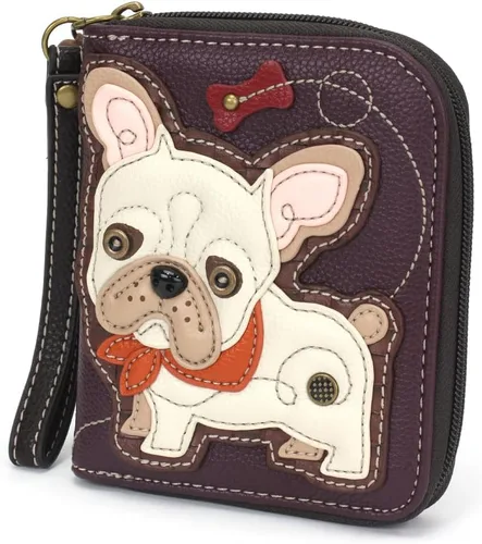 Vista 2 de Chala Cartera de piel vegana con cremallera alrededor con correa para la muñeca, Bulldog Francés - Ciruela, Cartera de pulsera