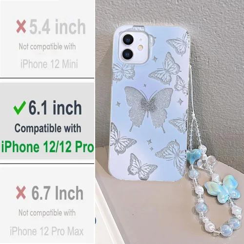 Vista 2 de Abbery - Funda diseñada para iPhone 12/12 Pro con purpurina, transparente y linda con diseño de mariposa, correa para la muñeca, brillante