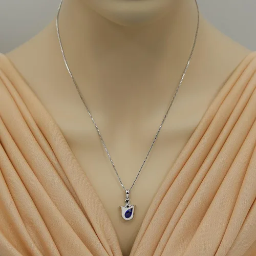 Vista 2 de PEORA Collar con colgante solitario de tulipán de plata de ley en varias piedras preciosas, ovalado de 0.276 x 0.197 in, con cadena italiana de 18