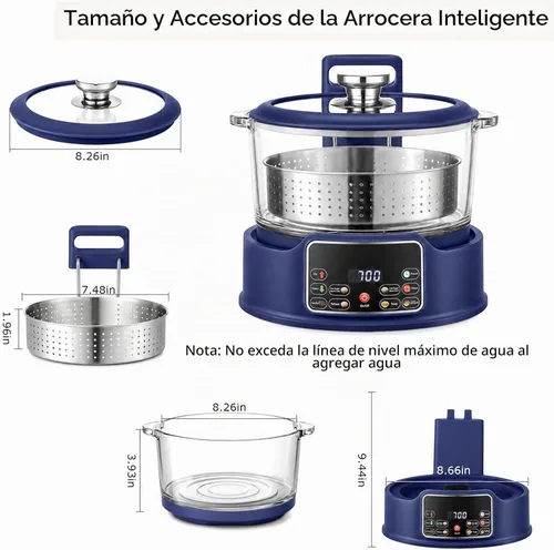 Vista 2 de Arrocera baja en azúcar 3L – Cocina multifuncional de arroz baja en carbohidratos r con cesta de elevación automática, preajuste y temporizador Azul