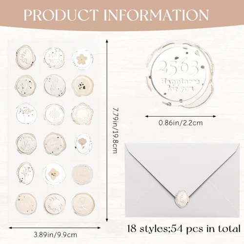 Vista 2 de Calcomanías de sello de cera ámbar transparente, 54 piezas de sellos de sobres con temática floral, calcomanías adhesivas para Navidad, invitaciones