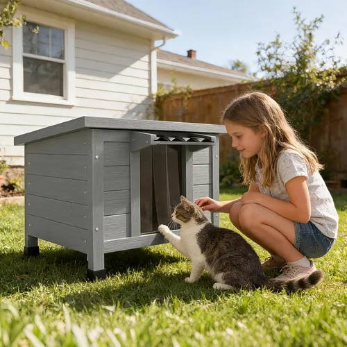 Vista 8 de TIMHAKA Casa para Gatos al Aire Libre, Refugio Aislado para Gatos Ferales de Interior Impermeable con Piso Elevado, Gran Recinto Exterior para Gatos