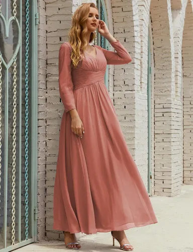 Vista 2 de nightbubo Vestido de dama de honor para mujer manga larga cuello en V vestido formal de gasa para boda