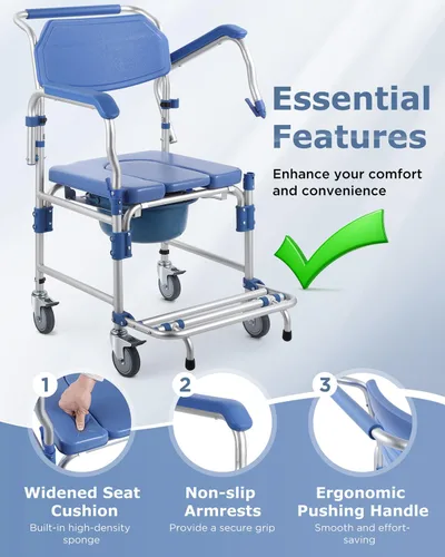 Vista 3 de Silla de ruedas con brazos caídos y ruedas bloqueables, silla de ducha de aluminio impermeable, capacidad de 330 libras, inodoros portátiles