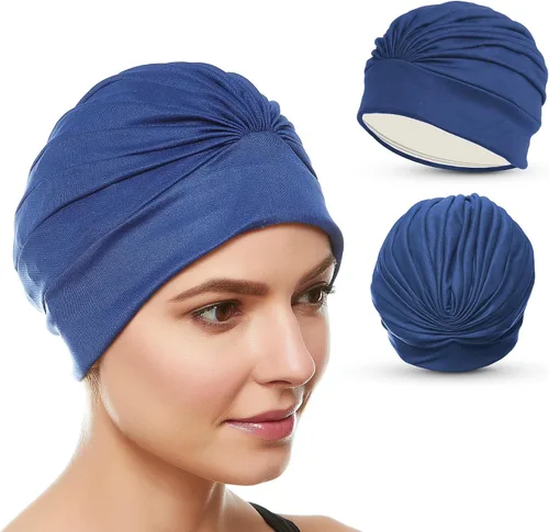Vista 17 de BEEMO Gorros de natación para mujer, turbante de natación, de poliéster, con forro de látex, plisado para mujer Negro