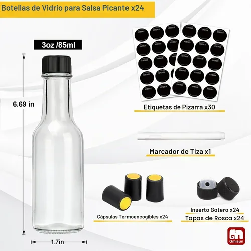 Vista 2 de gmisun - Mini botellas de salsa picante de 3 onzas, paquete de 24 botellas de jengibre con cápsulas retráctiles, mini botella de vino de vidrio