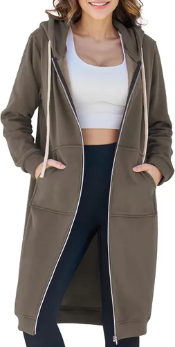 Vista 9 de Ablanczoom Sudaderas largas con cremallera para mujer, cómodas sudaderas de forro polar a la moda, chaquetas casuales con bolsillos Albaricoque