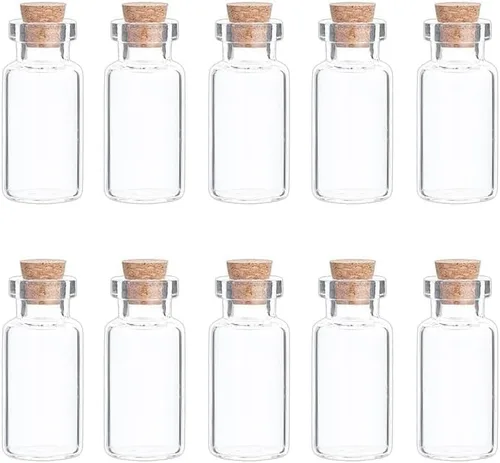 Vista 8 de 25 mini botellas de vidrio con tapas de corcho, 5 formas clásicas, pequeños frascos de vidrio, botellas de deseos, pequeños frascos decorativos