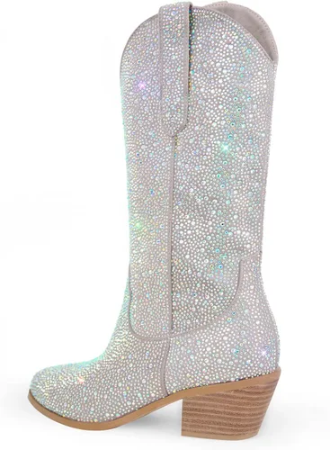 Vista 2 de Richealnana Botas de tacón grueso con diamantes de imitación para mujer