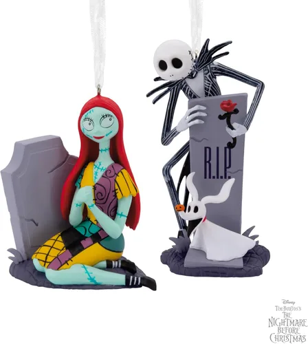 Vista 6 de Hallmark Disney Tim Burton's The Nightmare Before Christmas Jack y Sally con lápidas, adornos de Navidad, juego de 2