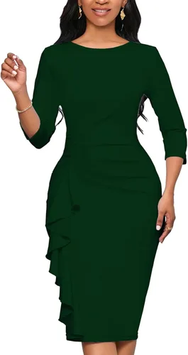 Vista 2 de Yajedo - Vestidos de iglesia para mujer, diseño clásico de manga 34, entallado, con volantes, vestido tubo de largo por debajo de la rodilla